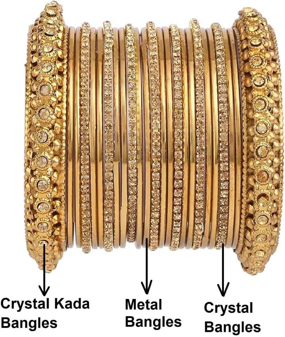 Efulgenz Indian Bangles for Women Oxidized Bangles Indian Jewelry Boho Crystal Rhinestone Gold Tone Oxidized Bollywood Wedding Crystal Bracelets Bangle Set (25 Pcs)