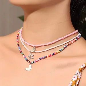 ELABEST Boho Beaded Layered Necklace Colorful Flower Star Butterfly Pendant Choker Chain Beach Costume Jewelry for Women (A)