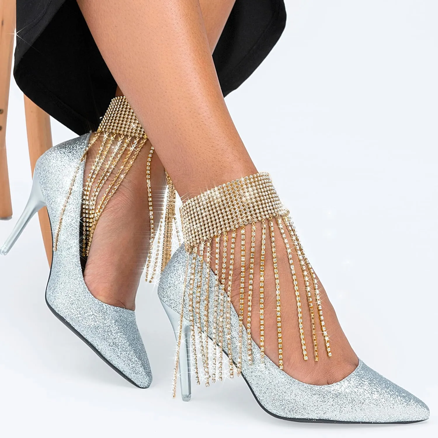 ELABEST Rhinestone Ankle Bracelets Crystal Tassel Anklet 2pcs Glitter Tennis Foot Chain Wedding Jewelry Accessories for Women