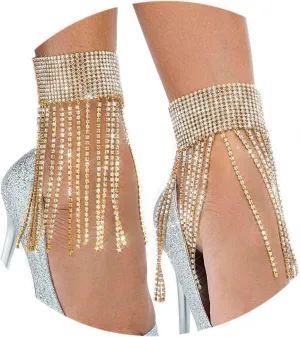 ELABEST Rhinestone Ankle Bracelets Crystal Tassel Anklet 2pcs Glitter Tennis Foot Chain Wedding Jewelry Accessories for Women