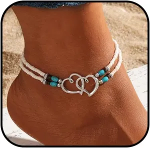 Elastic Beaded Ankle Bracelet for Women Double Hollow Hearts Stretch Anklet Layered Beaded Anklet Dainty Boho Anklets Cute Foot Jewelry Summer Beach Jewelry
