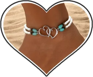 Elastic Beaded Ankle Bracelet for Women Double Hollow Hearts Stretch Anklet Layered Beaded Anklet Dainty Boho Beach Anklets Heart Foot Chain Summer Beach Trendy Jewelry for Women