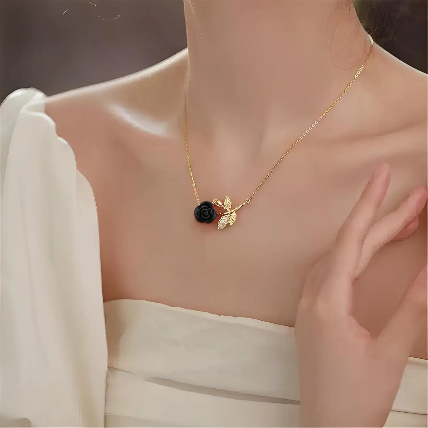 Elegant Rose Flower Pendant Necklace for Women Stainless Steel Gold Plated Crystal Leaf Blossom Charms Choker Chain Adjustable Necklaces Dainty Wedding Birthday Jewelry 18"