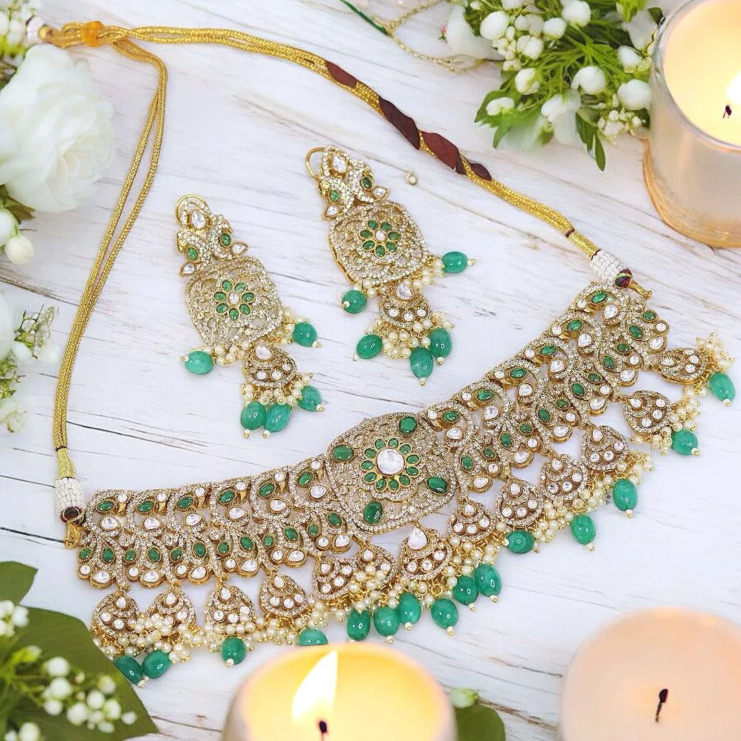 Emerald Elegance Classic Polki Choker Earrings Jewelry Set, Classic Polki Choker, Polki Earrings Set, Polki Necklace Set, Polki Bridal Jewelry, Bollywood Jewelry, Pakistani Polki Wedding Jewellery Set, Celebrity Jewellery Set