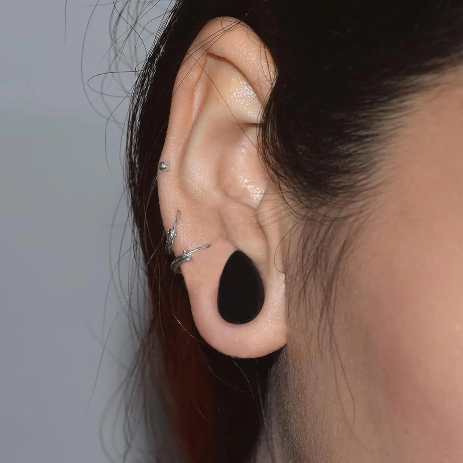 Epinki Body Jewelry Piercing, 1 Pair Ear Gauges Black Teardrop Shape Stone Women and Men Body Piercing Jewelry
