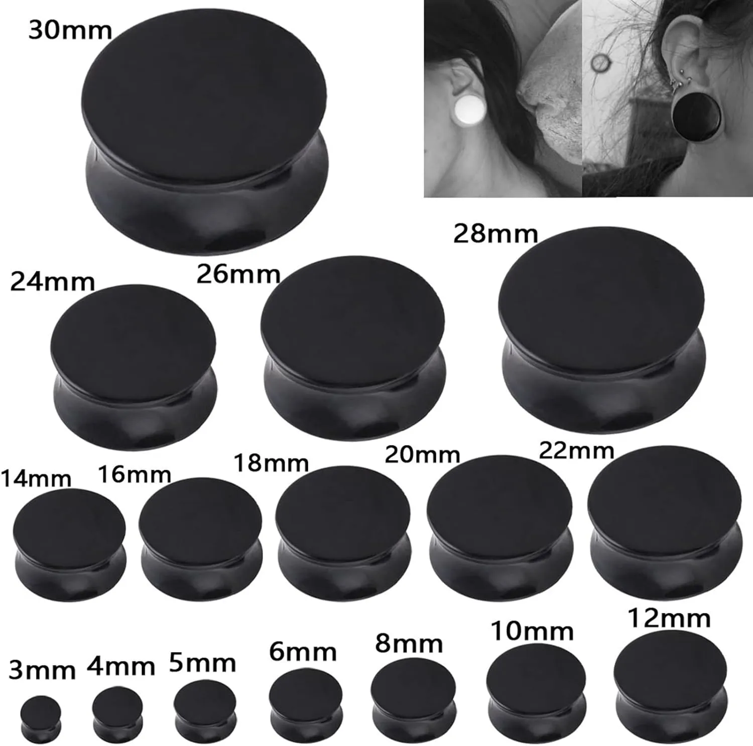 Epinki Ear Gauges Stretching Kit, 1 Pair Ear Tunnels Acrylic Black Round Shape Women and Men Tunnel Ear Gauges