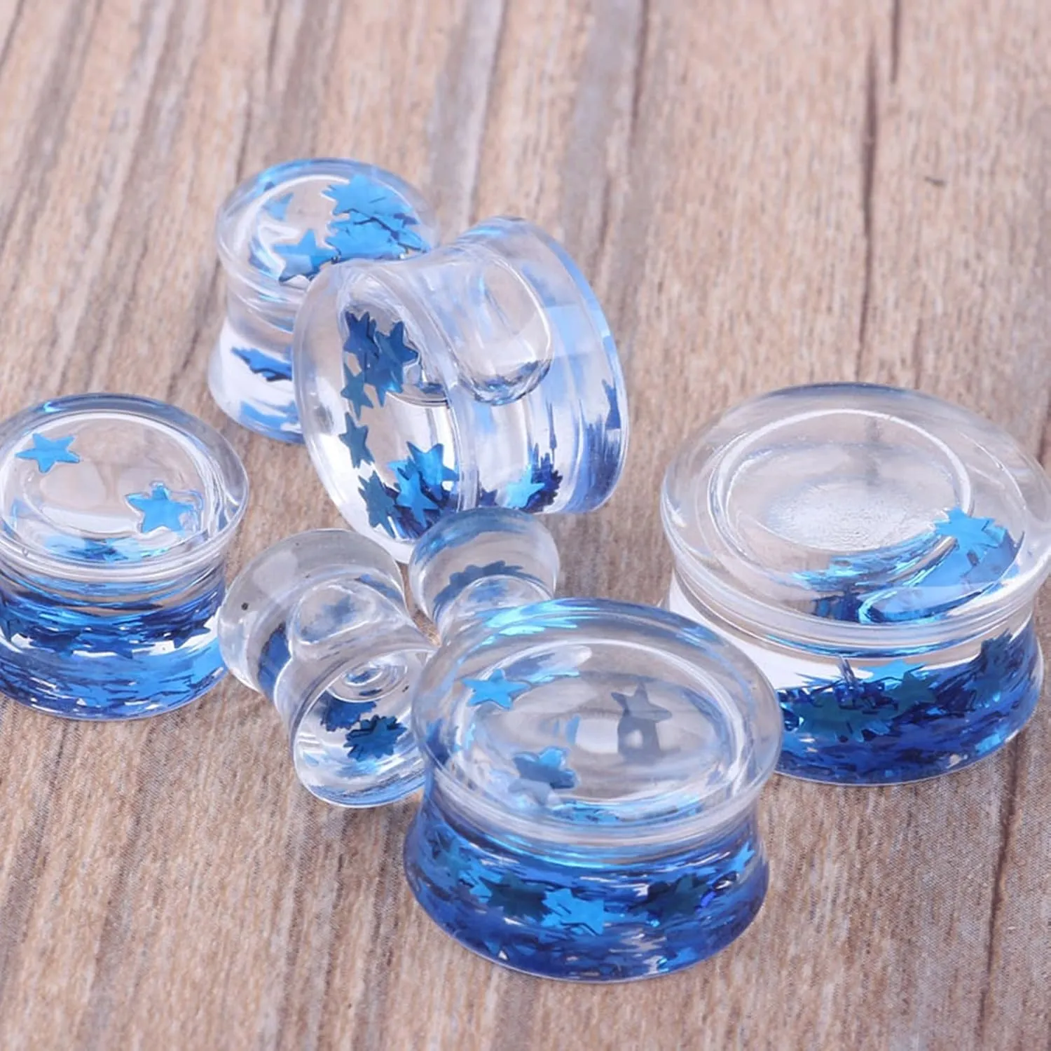 Epinki Gauges Ear Plugs, 1 Pair Ear Gauges Acrylic Blue with Water and Star Shape Tunnels and Plugs Set