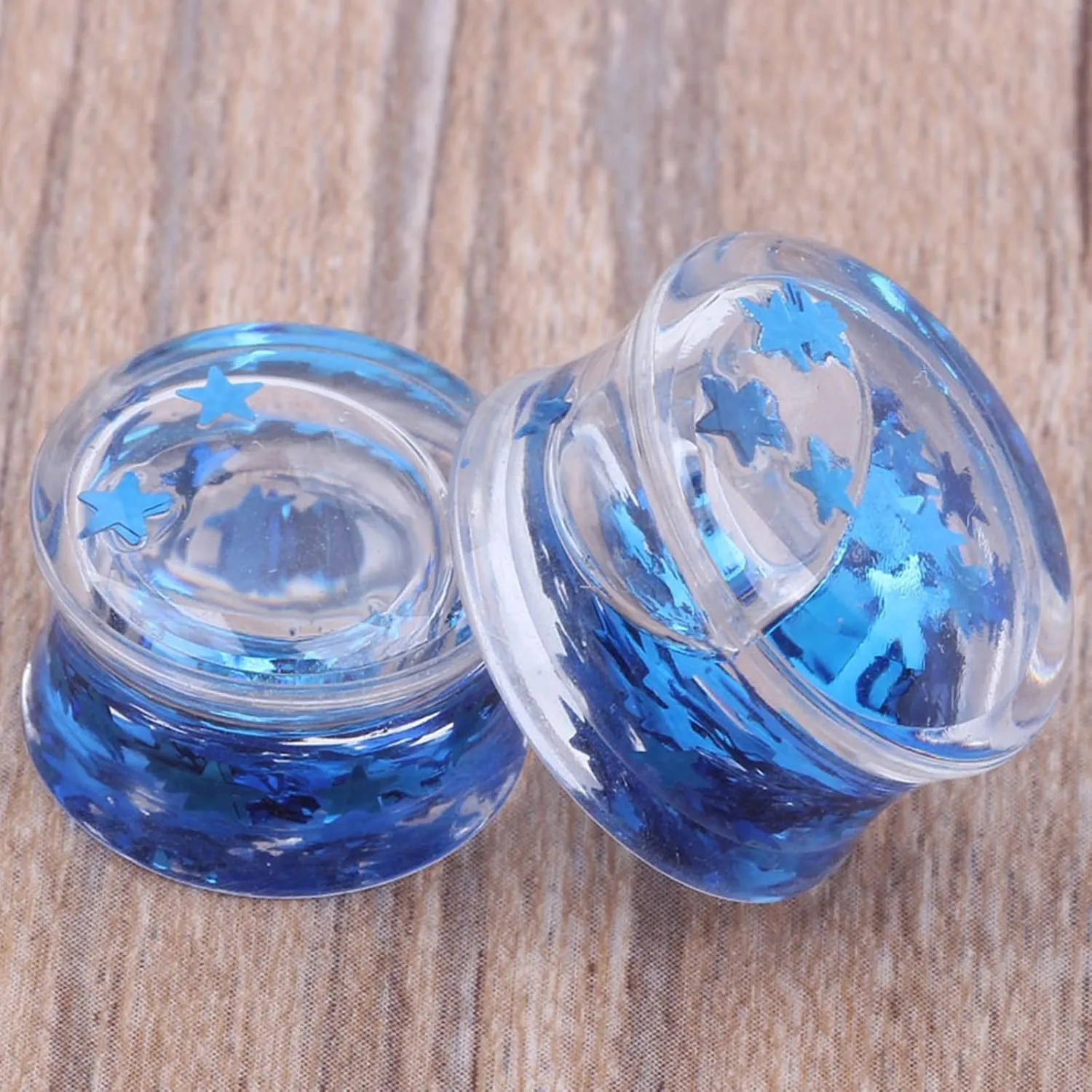 Epinki Gauges Ear Plugs, 1 Pair Ear Gauges Acrylic Blue with Water and Star Shape Tunnels and Plugs Set