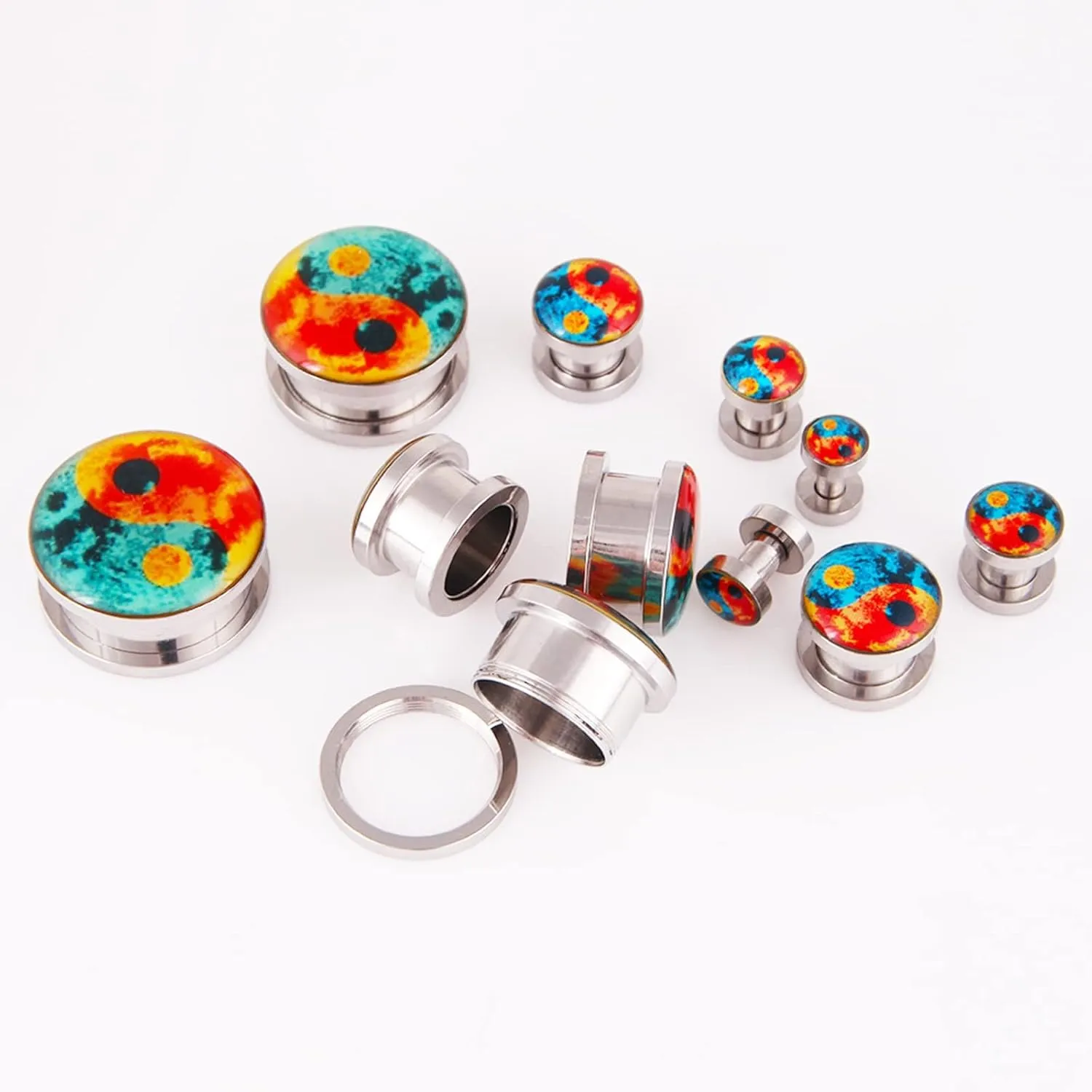 Epinki Gauges for Ears Plugs, 2PCS Ear Gauges Stainless Steel Silver Round with Yin Yang Pattern Women and Men Ear Gauge Kit