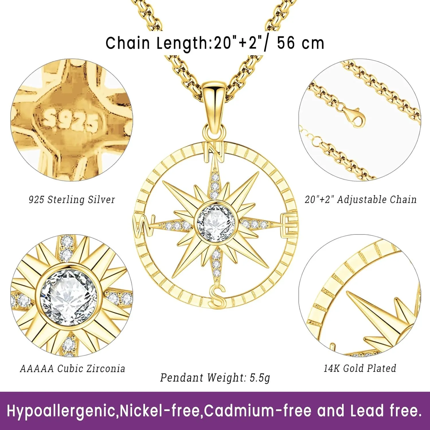 Eusense Compass Necklace for Women Men Sterling Silver 925 Compass Pendant Compass Jewelry Womens Mens Gifts for Her Him Birthday Graduation Anniversary Valentines Female Male