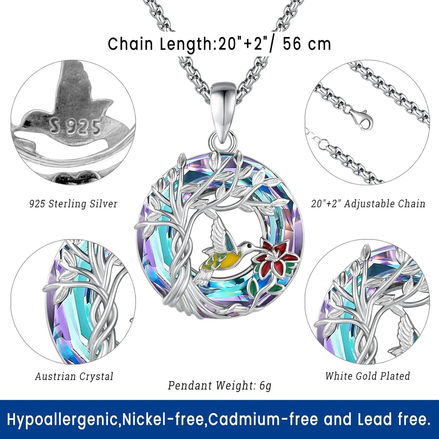Eusense Hummingbird Necklace for Women Men 925 Sterling Silver Hummingbird Pendant Hummingbird Jewelry Humming Bird Necklaces Gifts for Mom Grandma Her Him