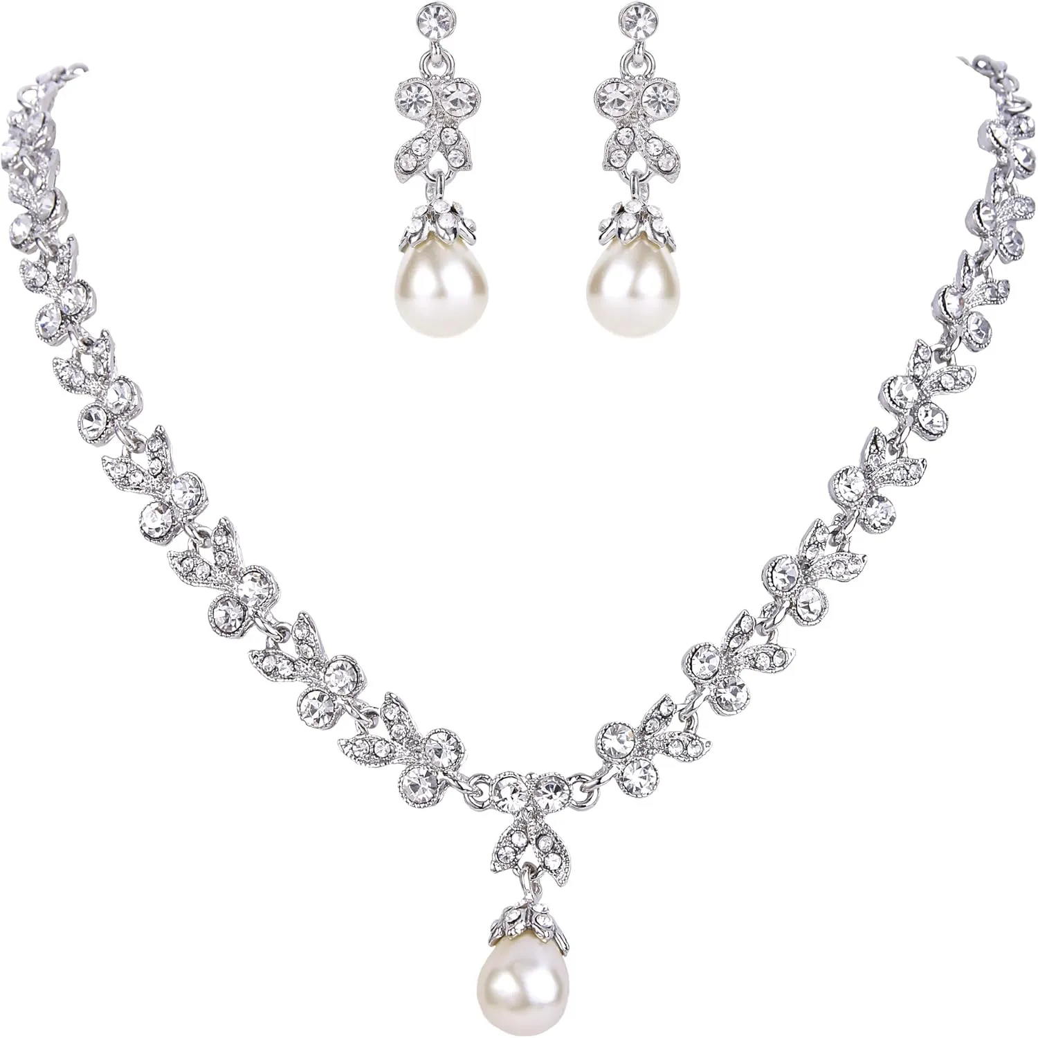EVER FAITH Wedding Silver-Tone Leaf Simulated Pearl Jewelry Set Clear Austrian Crystal