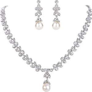 EVER FAITH Wedding Silver-Tone Leaf Simulated Pearl Jewelry Set Clear Austrian Crystal