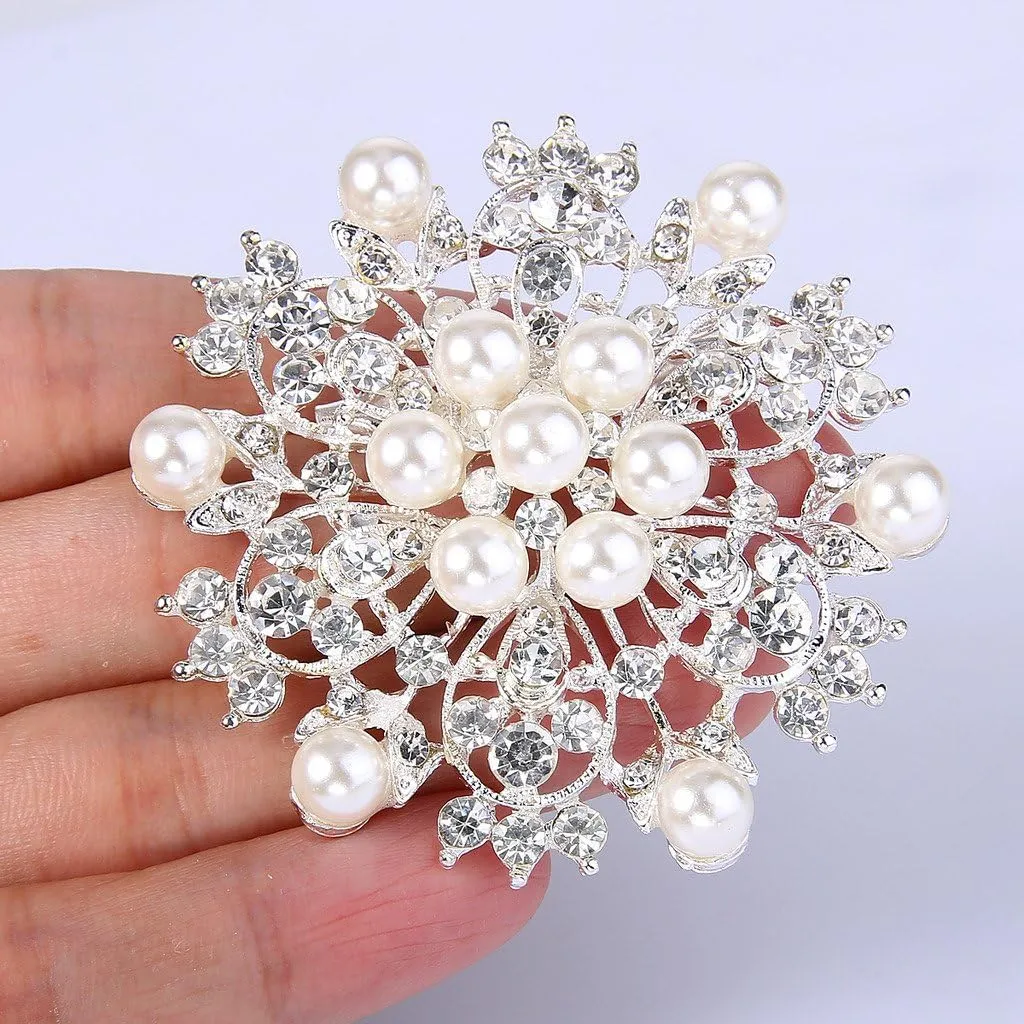 EVER FAITH Women's Wedding Corsage Clear Crystal Simulated Pearl Elegant Flower Leaf Brooch for Women, Bride