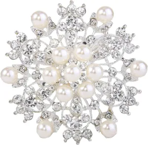 EVER FAITH Women's Wedding Corsage Clear Crystal Simulated Pearl Elegant Flower Leaf Brooch for Women, Bride