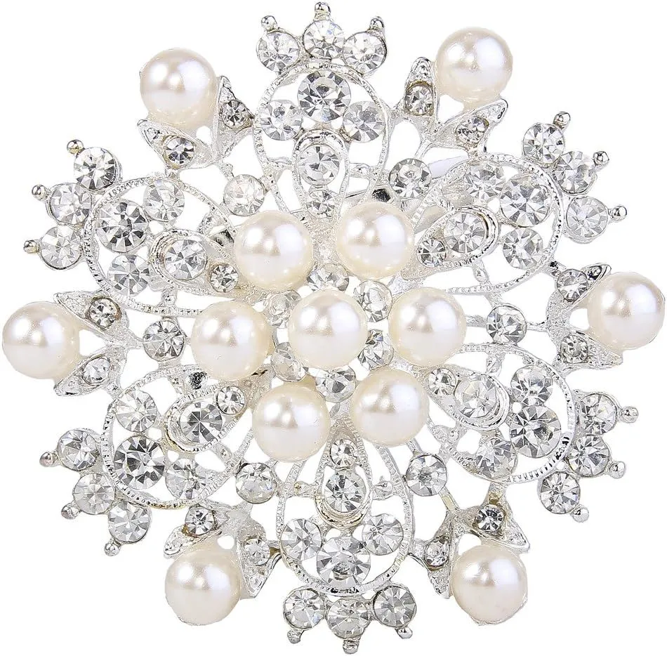 EVER FAITH Women's Wedding Corsage Clear Crystal Simulated Pearl Elegant Flower Leaf Brooch for Women, Bride