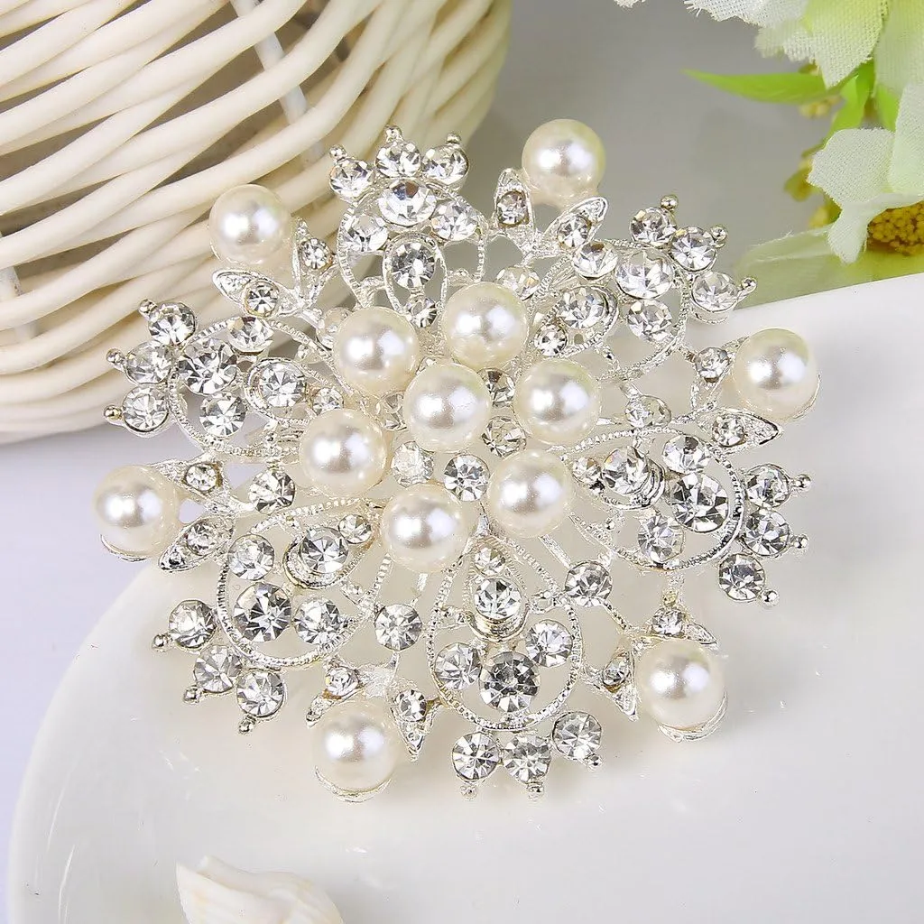 EVER FAITH Women's Wedding Corsage Clear Crystal Simulated Pearl Elegant Flower Leaf Brooch for Women, Bride