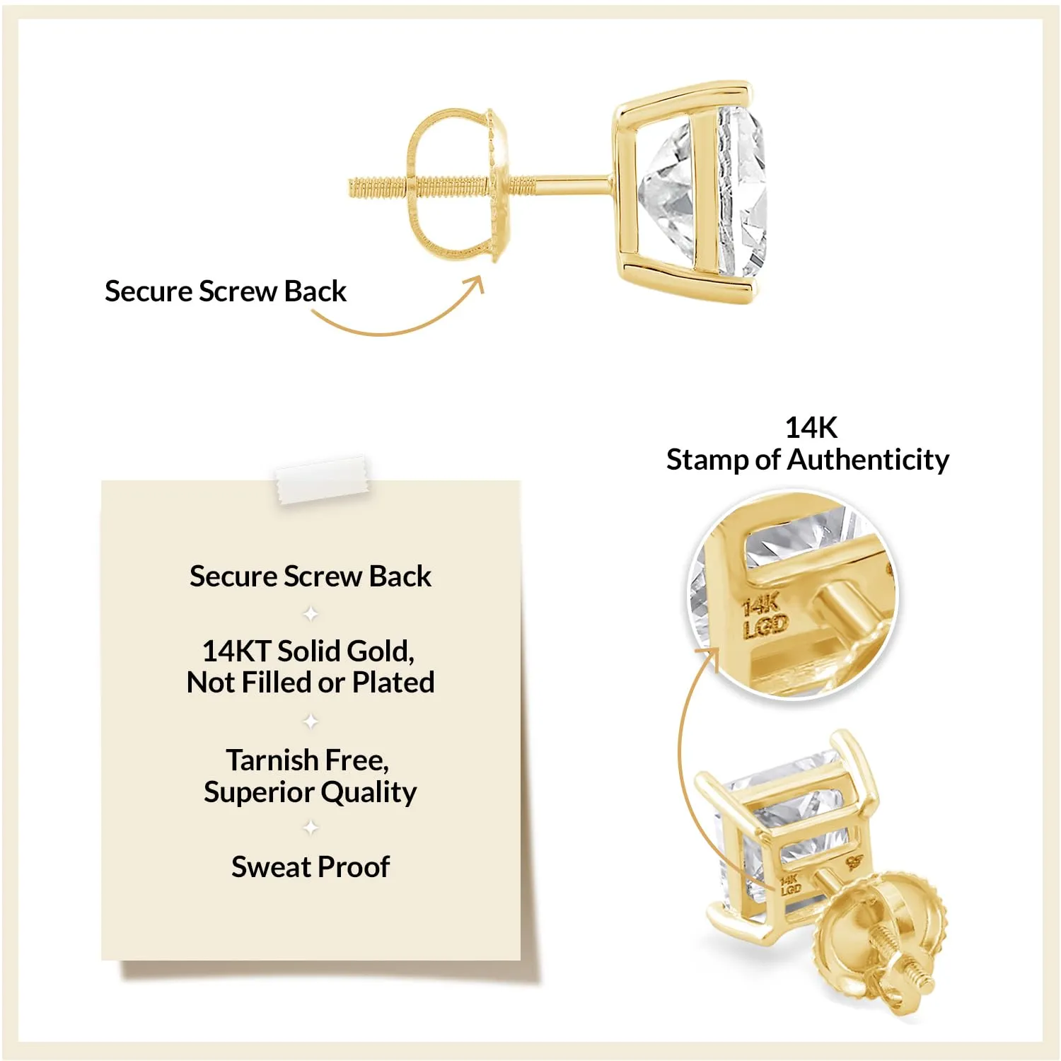 Everyday Elegance 14K Solid Yellow Gold Classic Four Prong Stud Earrings | Princess Cut Lab Grown Diamond | Screw Back Posts | 2.0 CTW (E-F Color, VS2-SI1 Clarity) | With Gift Box