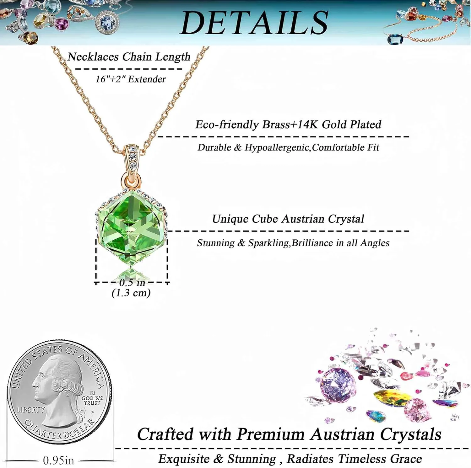 EVEVIC Color Changing Cubic Austrian Crystal Pendant Necklaces for Women 14K Gold Plated Hypoallergenic Jewelry
