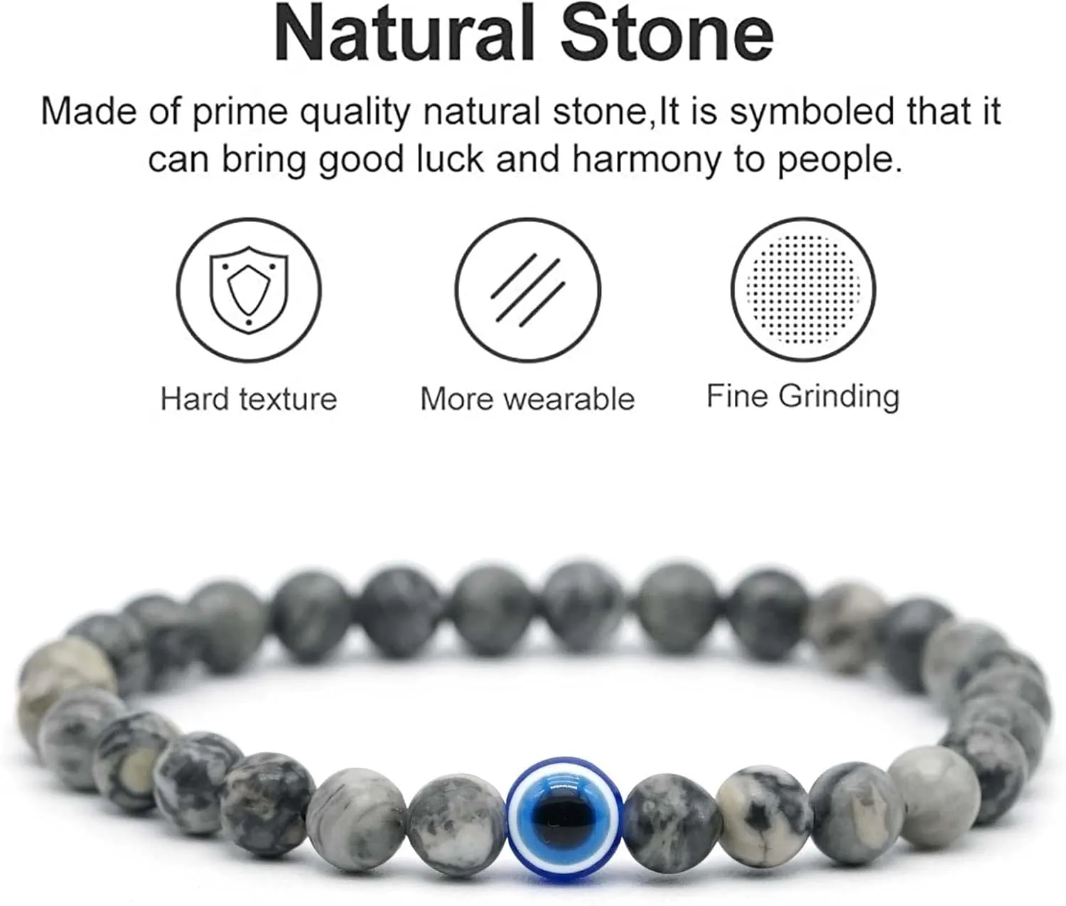 Evil Eye Bracelet 6mm Natural Stretch Adjustable Beaded Bracelets for Men