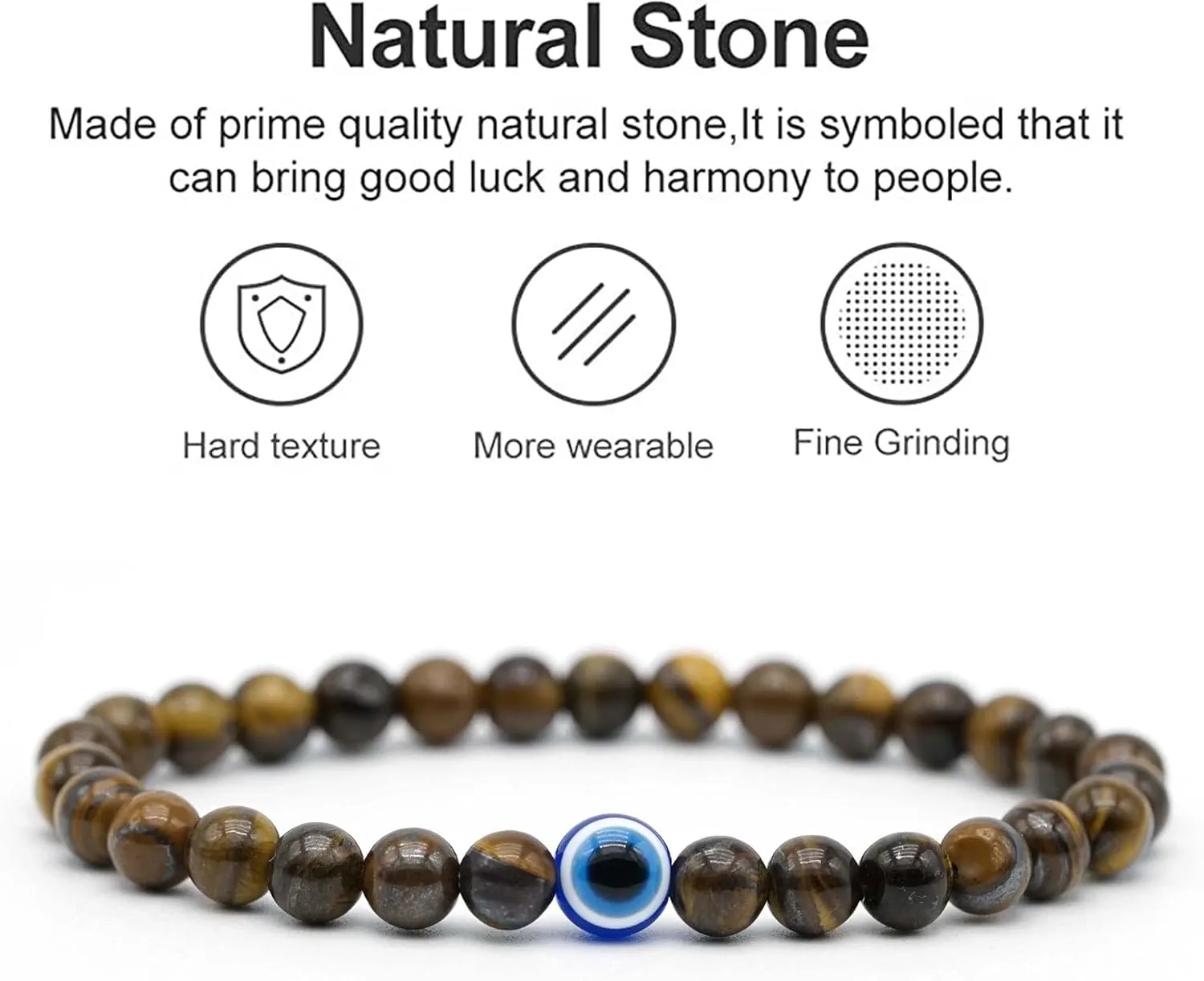Evil Eye Bracelet 6mm Natural Stretch Adjustable Beaded Bracelets for Men