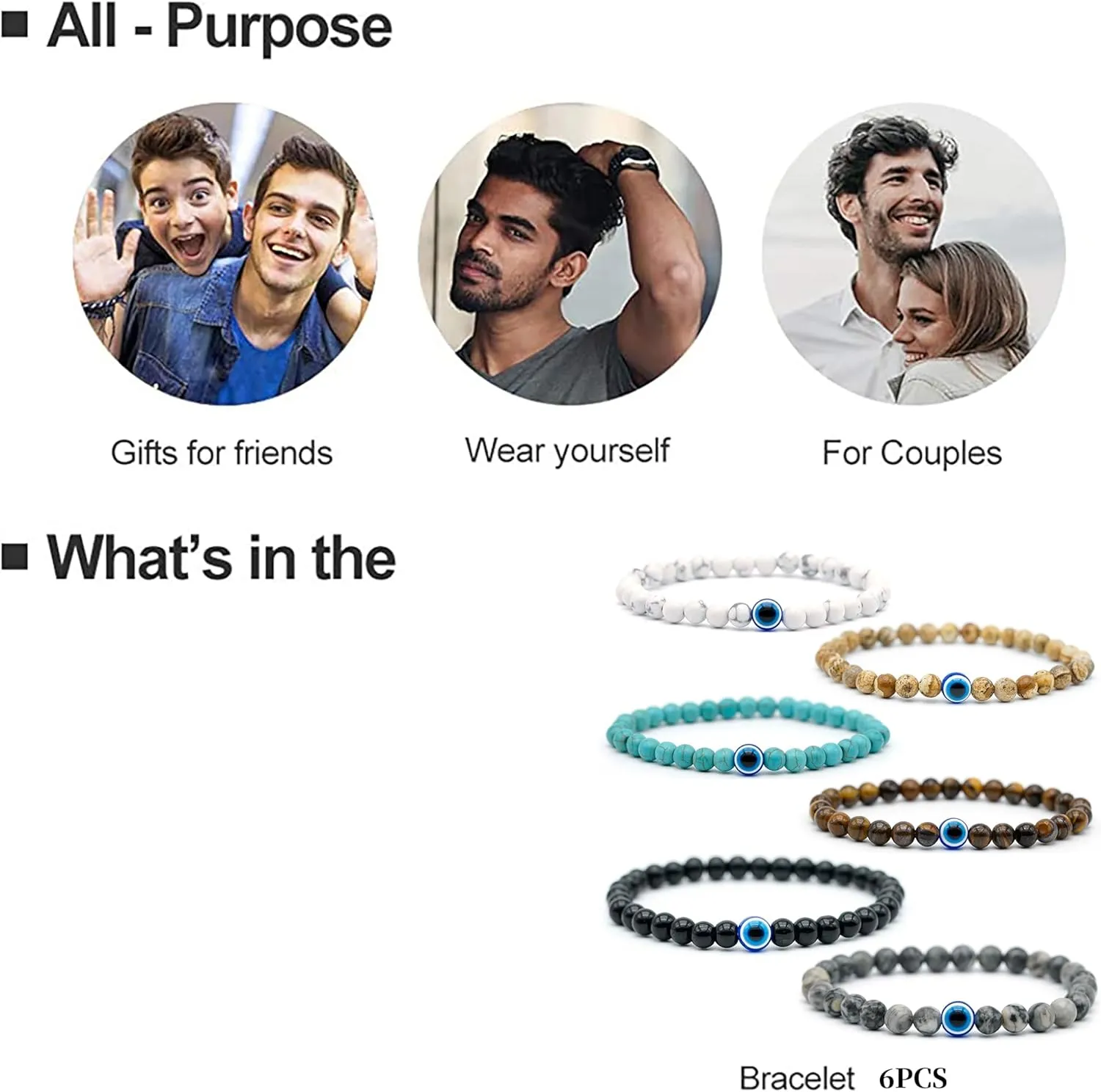 Evil Eye Bracelet 6mm Natural Stretch Adjustable Beaded Bracelets for Men