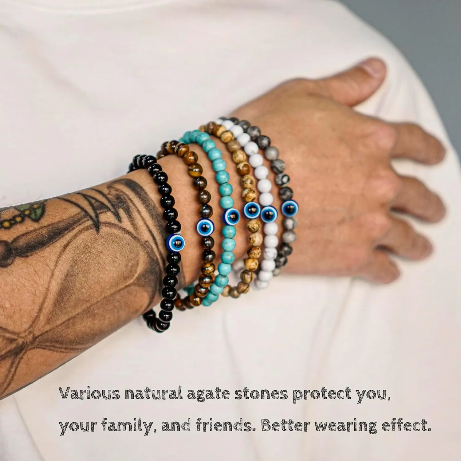 Evil Eye Bracelet 6mm Natural Stretch Adjustable Beaded Bracelets for Men