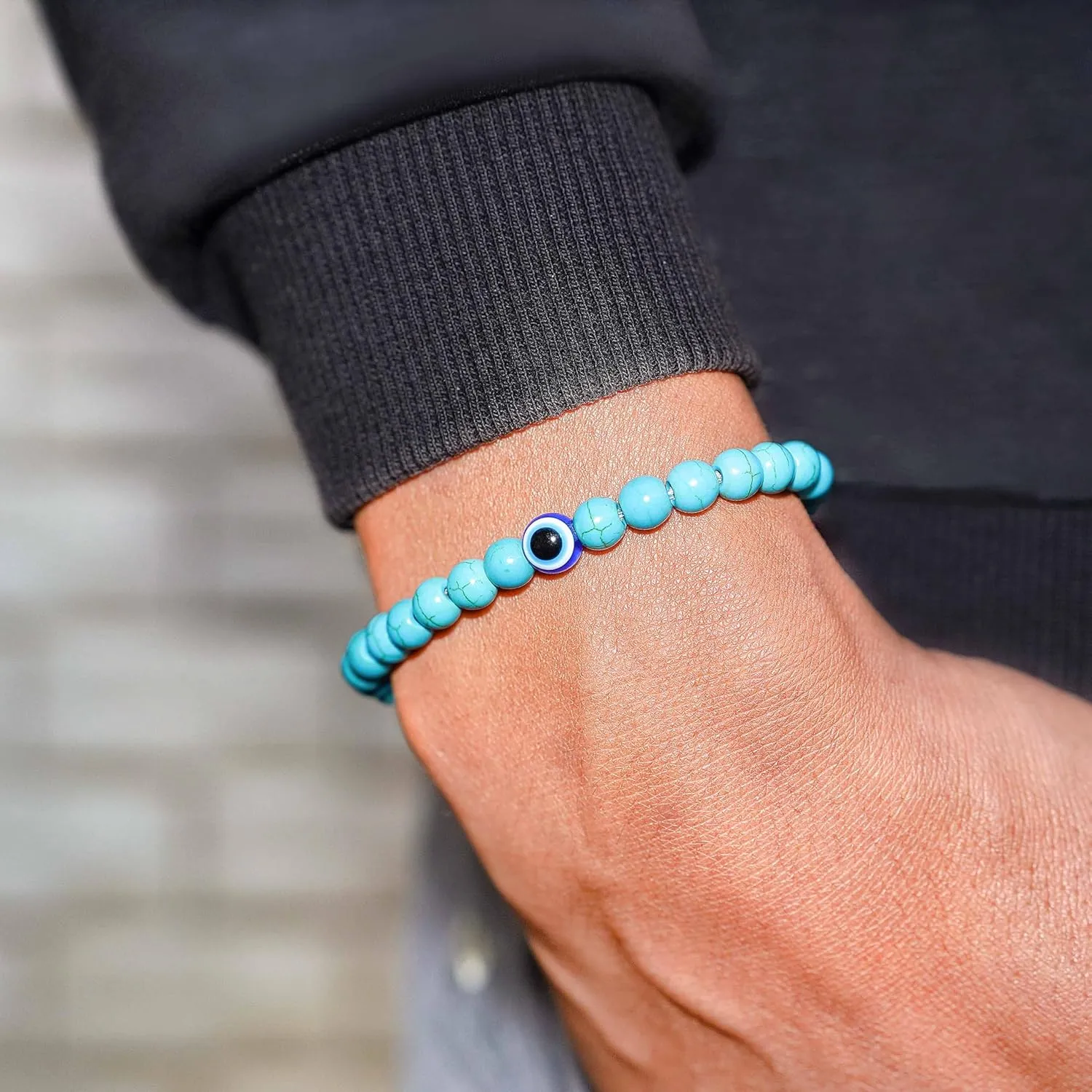 Evil Eye Bracelet 6mm Natural Stretch Adjustable Beaded Bracelets for Men