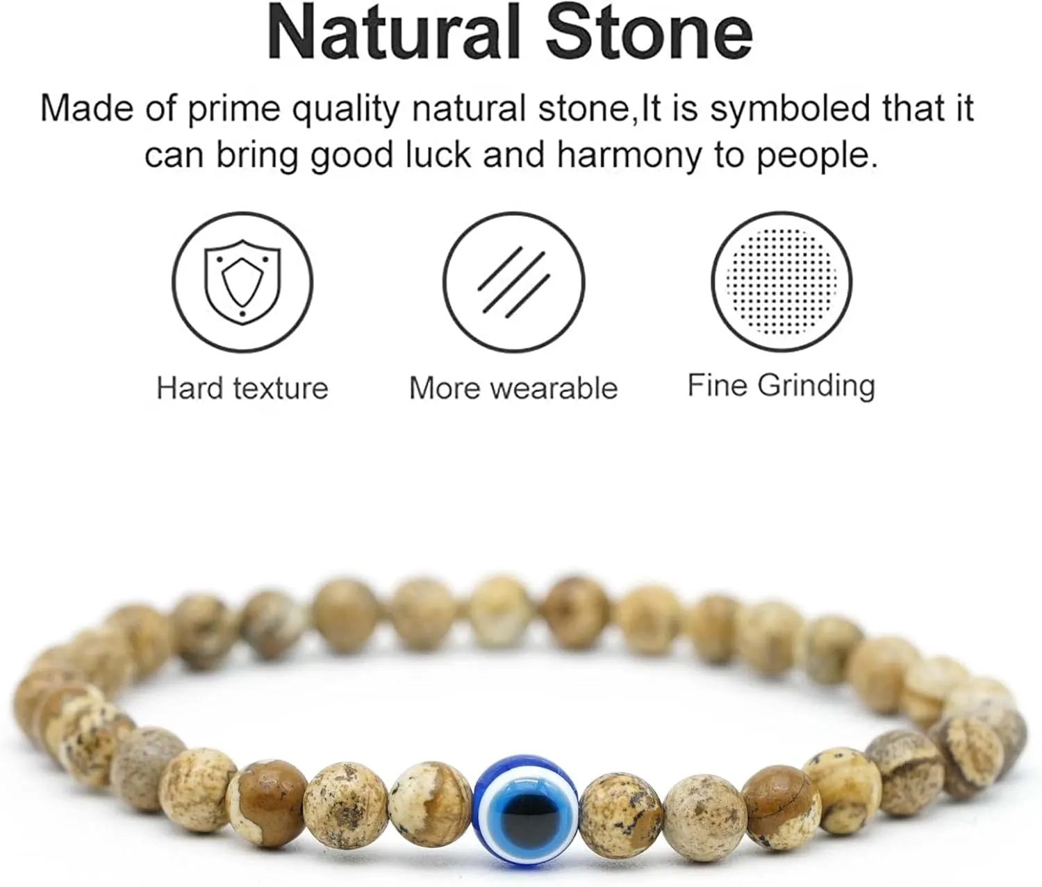 Evil Eye Bracelet 6mm Natural Stretch Adjustable Beaded Bracelets for Men