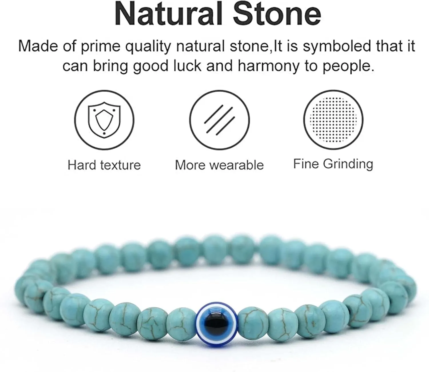 Evil Eye Bracelet 6mm Natural Stretch Adjustable Beaded Bracelets for Men
