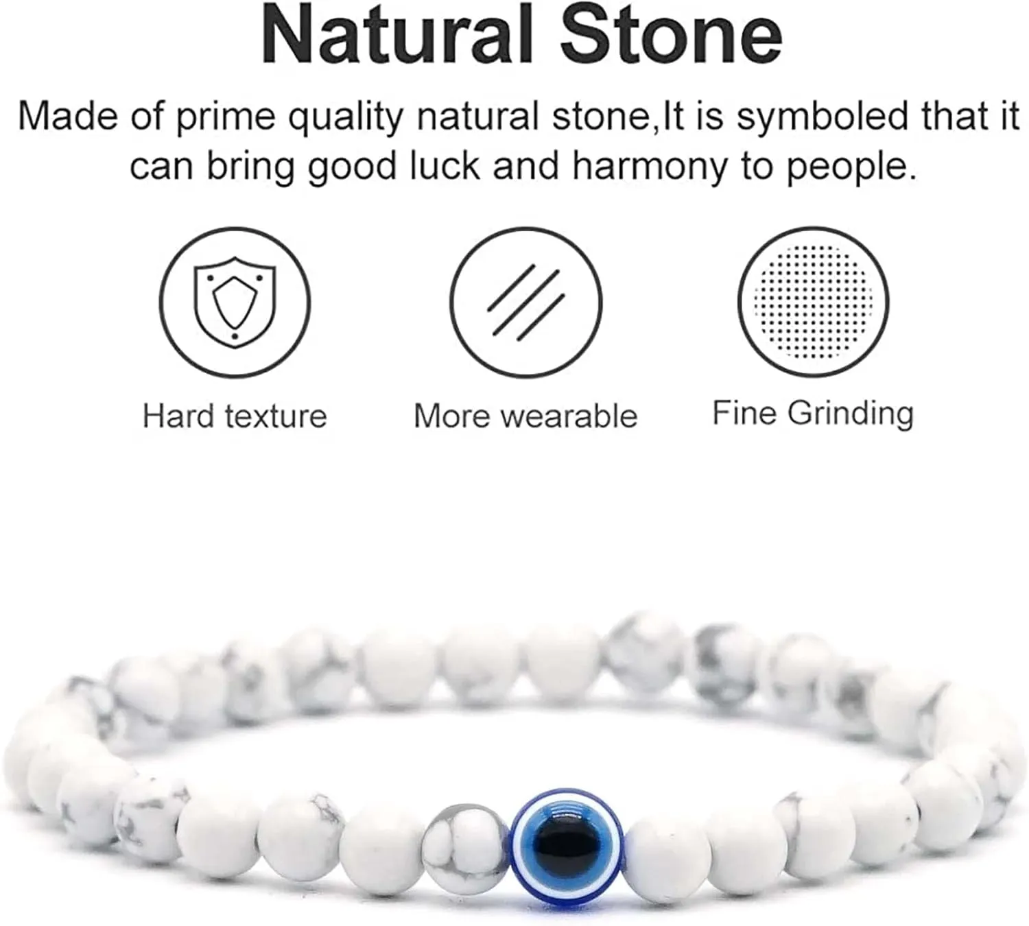 Evil Eye Bracelet 6mm Natural Stretch Adjustable Beaded Bracelets for Men
