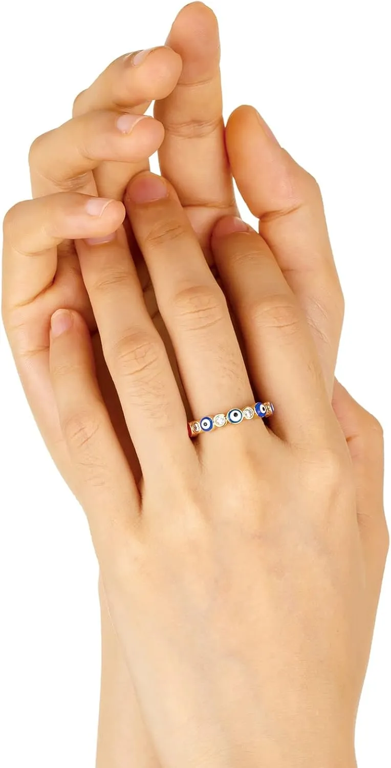 Evil Eye Ring for Women 18K White Gold Plated Evil Eye Band Cubic Zirconia Braided Engagement Promise Statement Wedding Ring Jewelry Gift Size 6-10