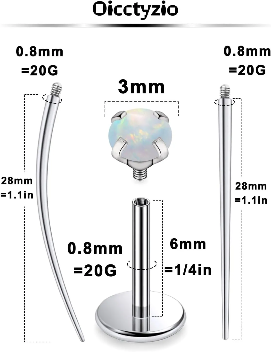 F136 Titanium 20/18/16G Internally Threaded Flat Back Opal Stud Earrings Nose Rings Lip Labret Medusa Monroe Piercing Jewelry with Taper for Women Men