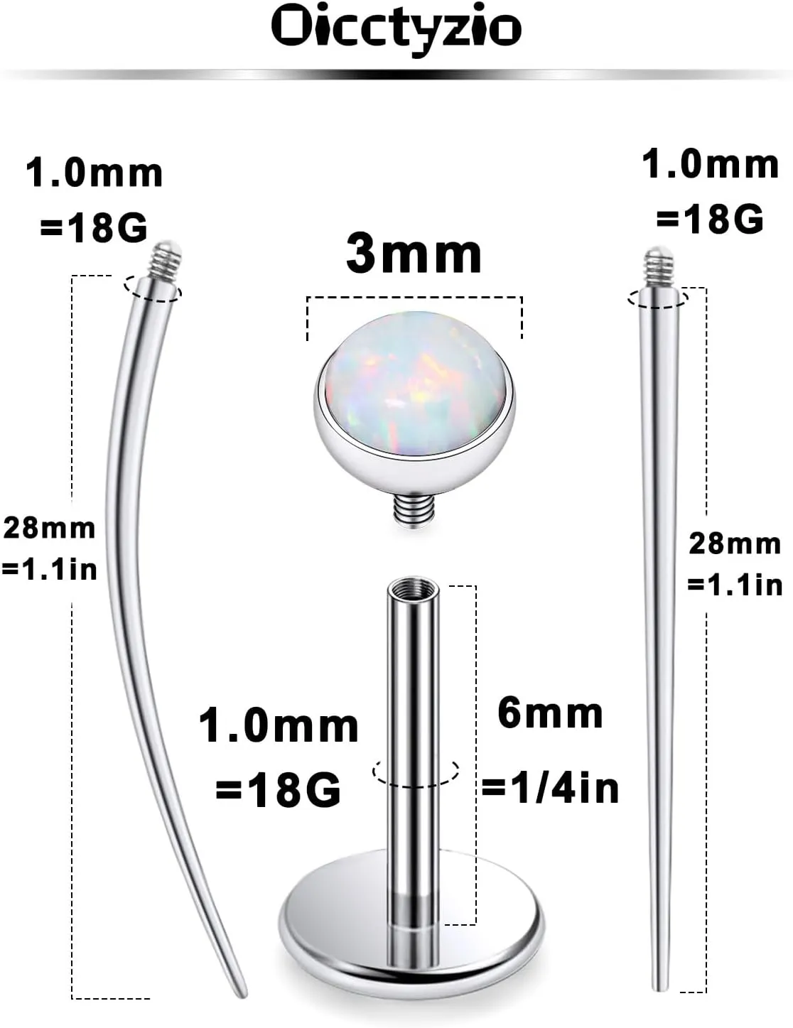 F136 Titanium 20/18/16G Internally Threaded Flat Back Opal Stud Earrings Nose Rings Lip Labret Medusa Monroe Piercing Jewelry with Taper for Women Men
