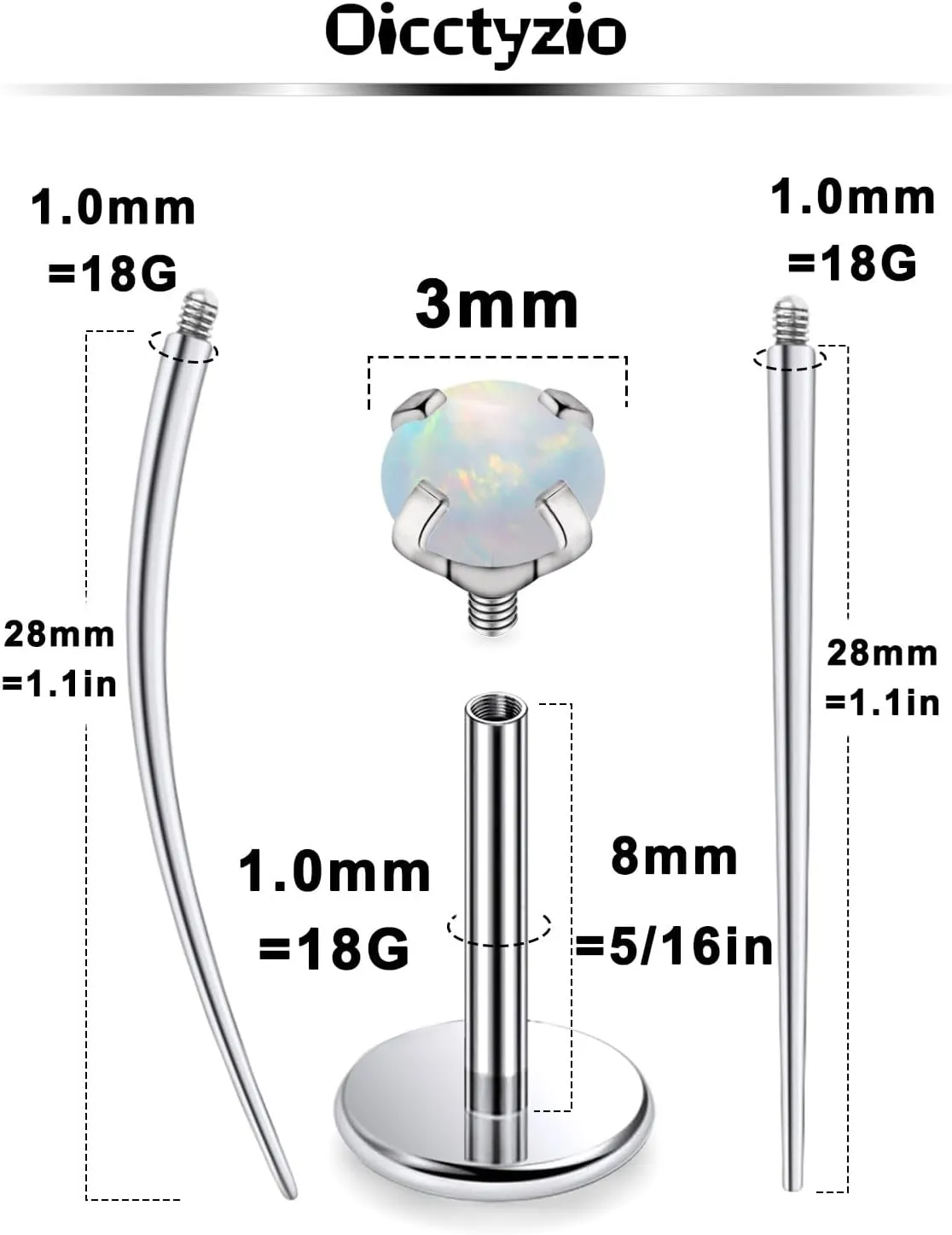 F136 Titanium 20/18/16G Internally Threaded Flat Back Opal Stud Earrings Nose Rings Lip Labret Medusa Monroe Piercing Jewelry with Taper for Women Men