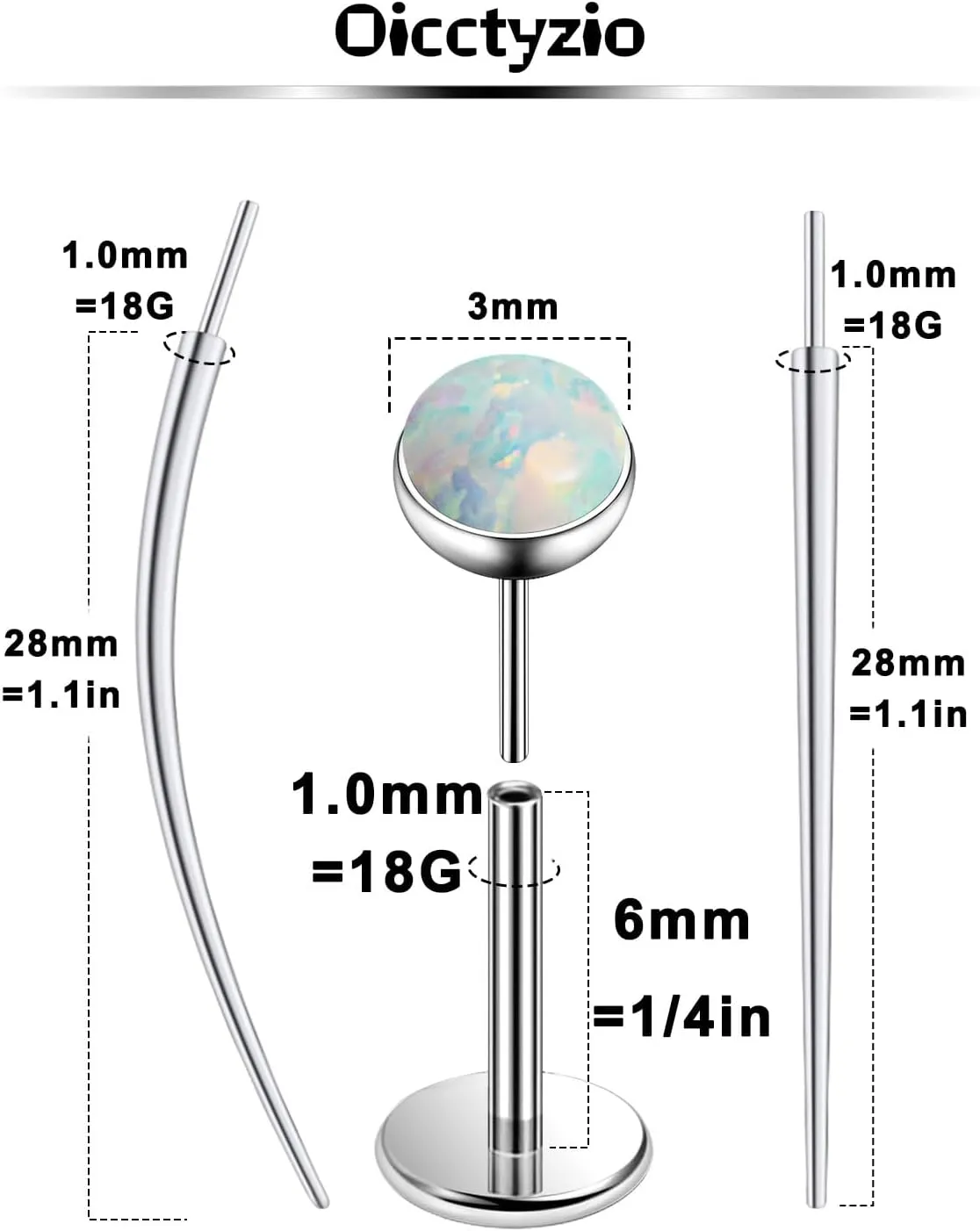 F136 Titanium 20/18/16G Threadless Flat Back Opal Stud Earrings Nose Rings Lip Labret Medusa Monroe Piercing Jewelry with Taper for Women Men