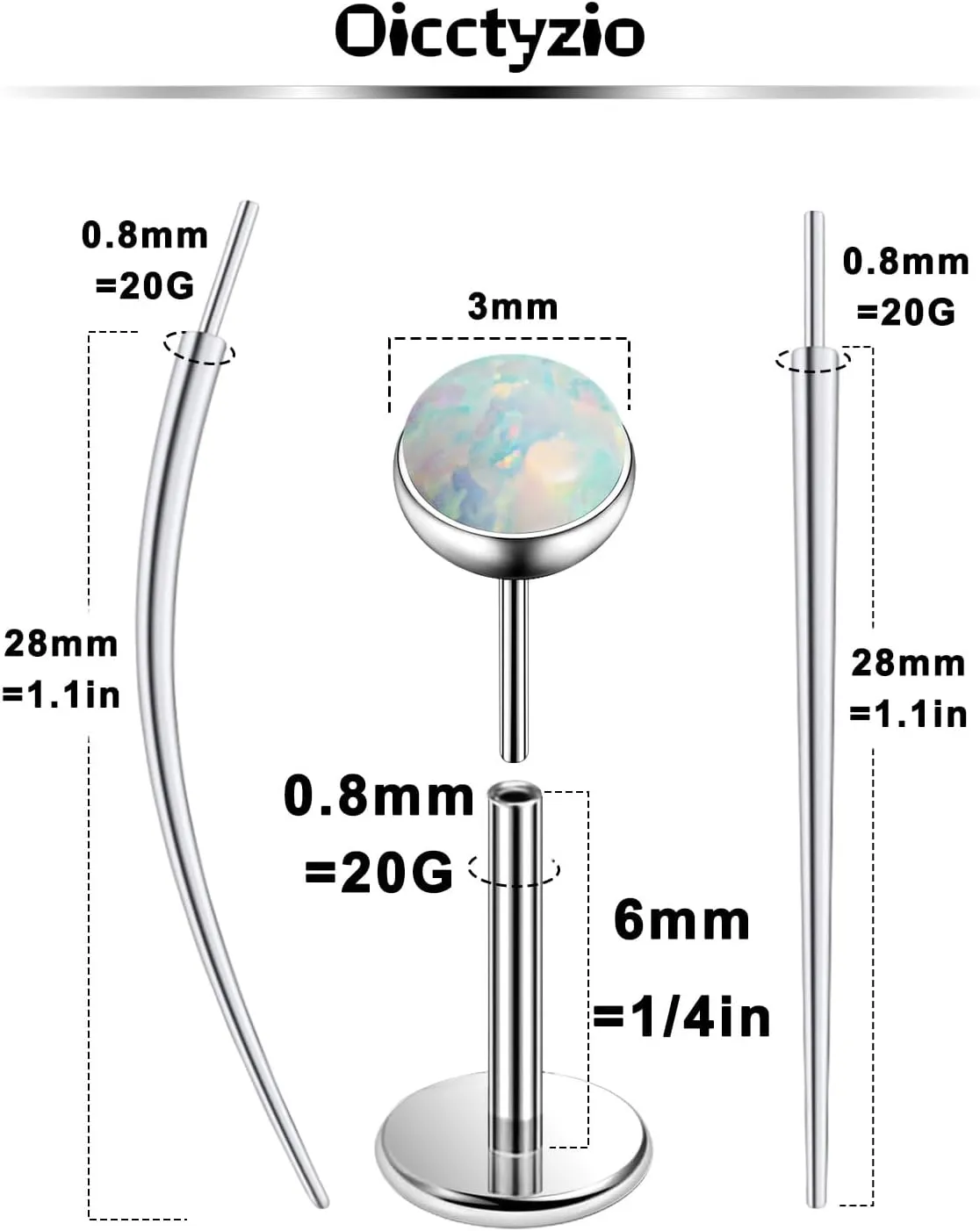 F136 Titanium 20/18/16G Threadless Flat Back Opal Stud Earrings Nose Rings Lip Labret Medusa Monroe Piercing Jewelry with Taper for Women Men