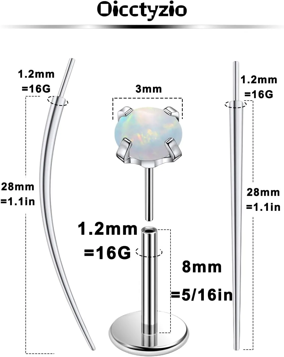 F136 Titanium 20/18/16G Threadless Flat Back Opal Stud Earrings Nose Rings Lip Labret Medusa Monroe Piercing Jewelry with Taper for Women Men