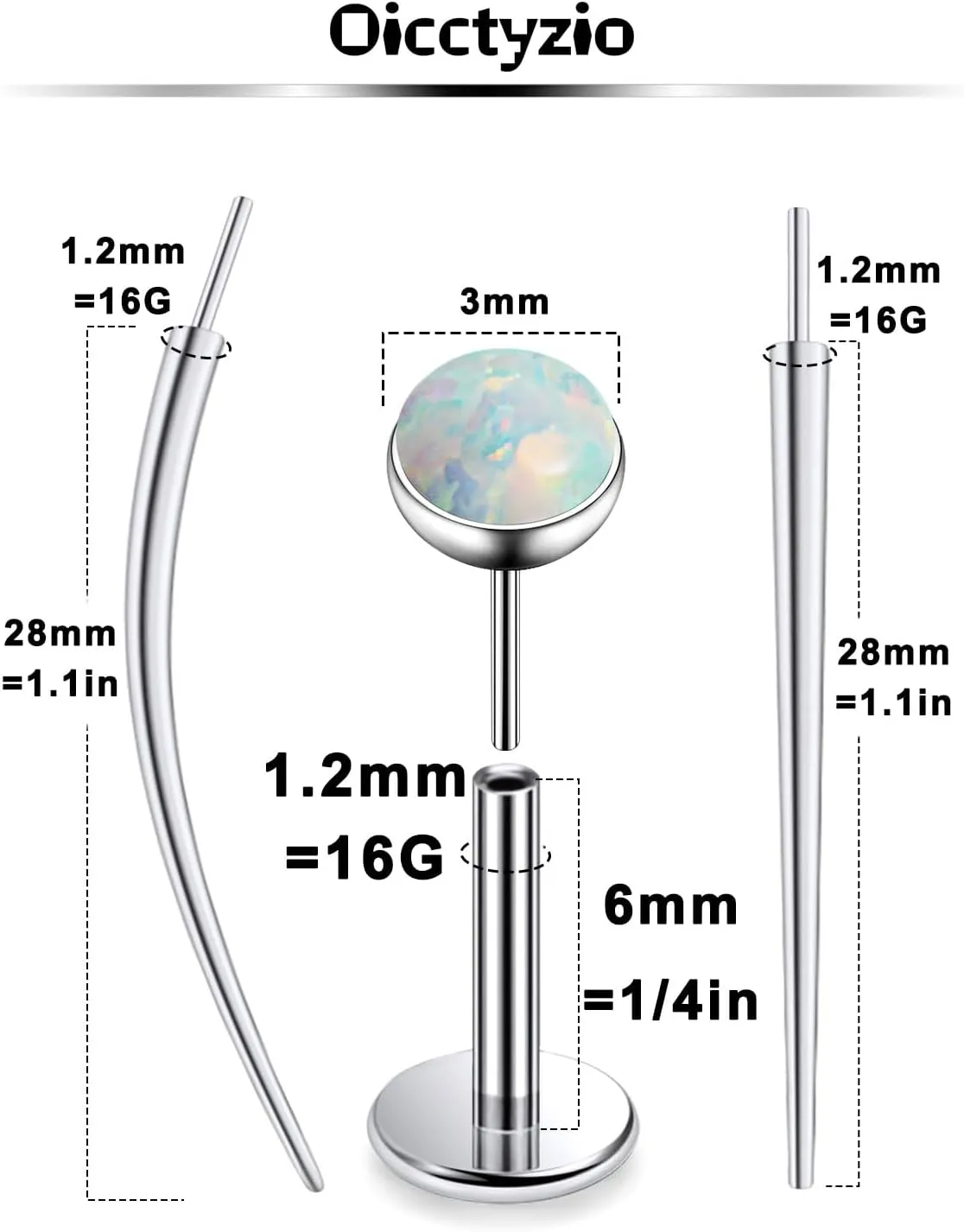 F136 Titanium 20/18/16G Threadless Flat Back Opal Stud Earrings Nose Rings Lip Labret Medusa Monroe Piercing Jewelry with Taper for Women Men