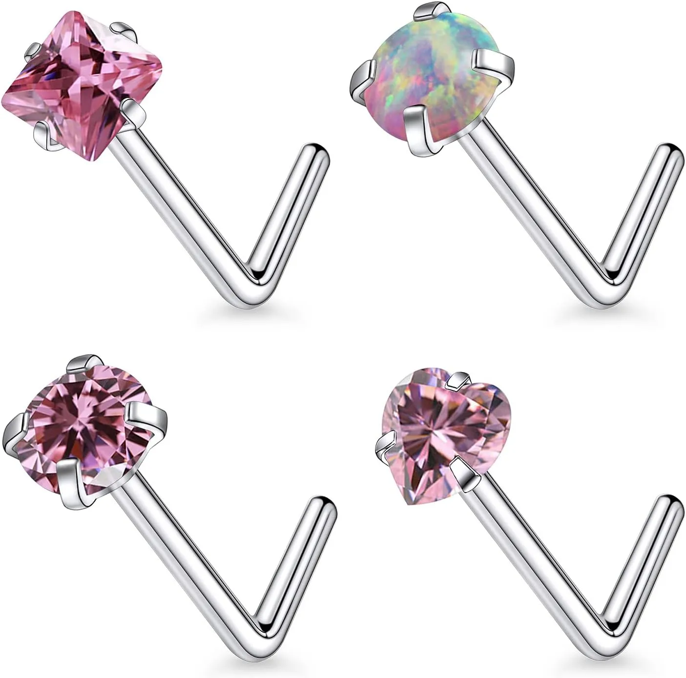 F136 Titanium 20/18g L Shaped Pink/Blue Diamond Nose Ring Studs Earrings Piercings Jewelry Surgical Steel for Women Men