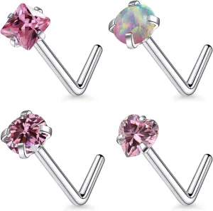 F136 Titanium 20/18g L Shaped Pink/Blue Diamond Nose Ring Studs Earrings Piercings Jewelry Surgical Steel for Women Men
