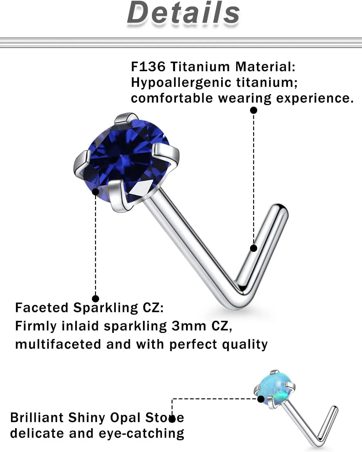 F136 Titanium 20/18g L Shaped Pink/Blue Diamond Nose Ring Studs Earrings Piercings Jewelry Surgical Steel for Women Men