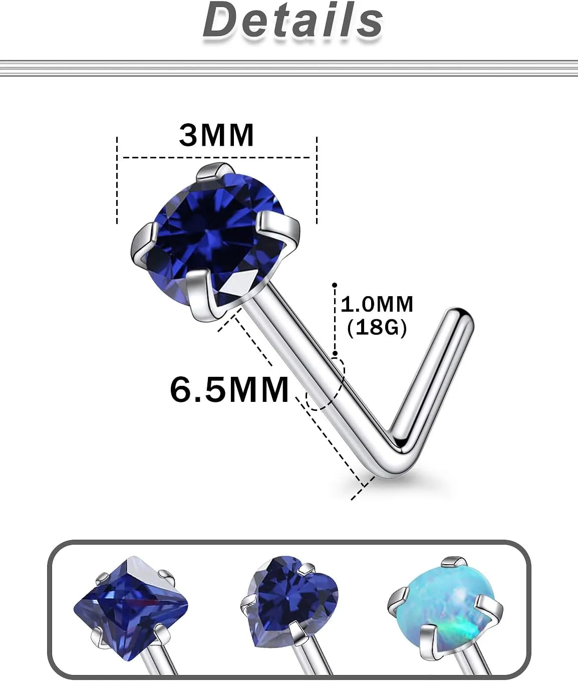 F136 Titanium 20/18g L Shaped Pink/Blue Diamond Nose Ring Studs Earrings Piercings Jewelry Surgical Steel for Women Men