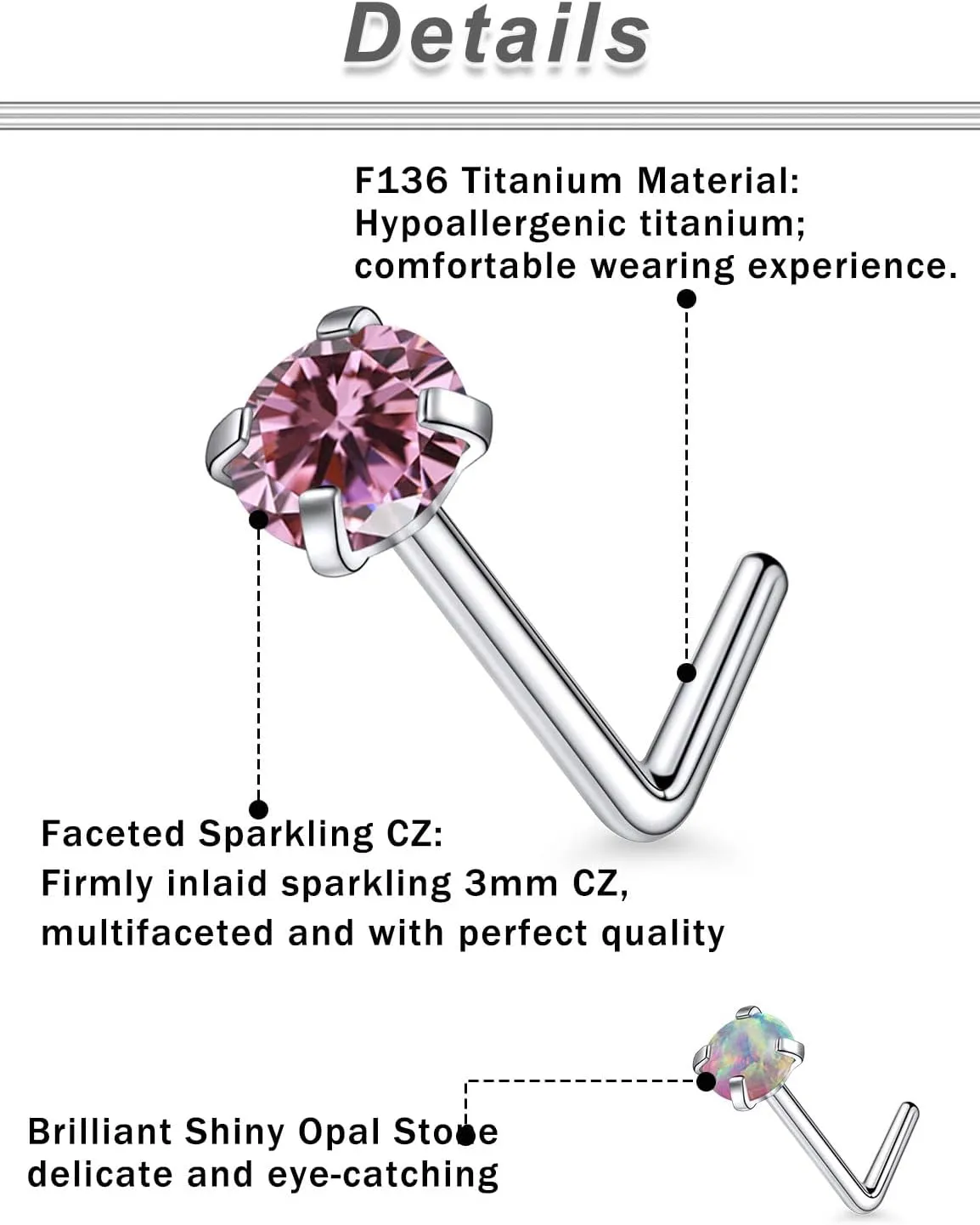 F136 Titanium 20/18g L Shaped Pink/Blue Diamond Nose Ring Studs Earrings Piercings Jewelry Surgical Steel for Women Men