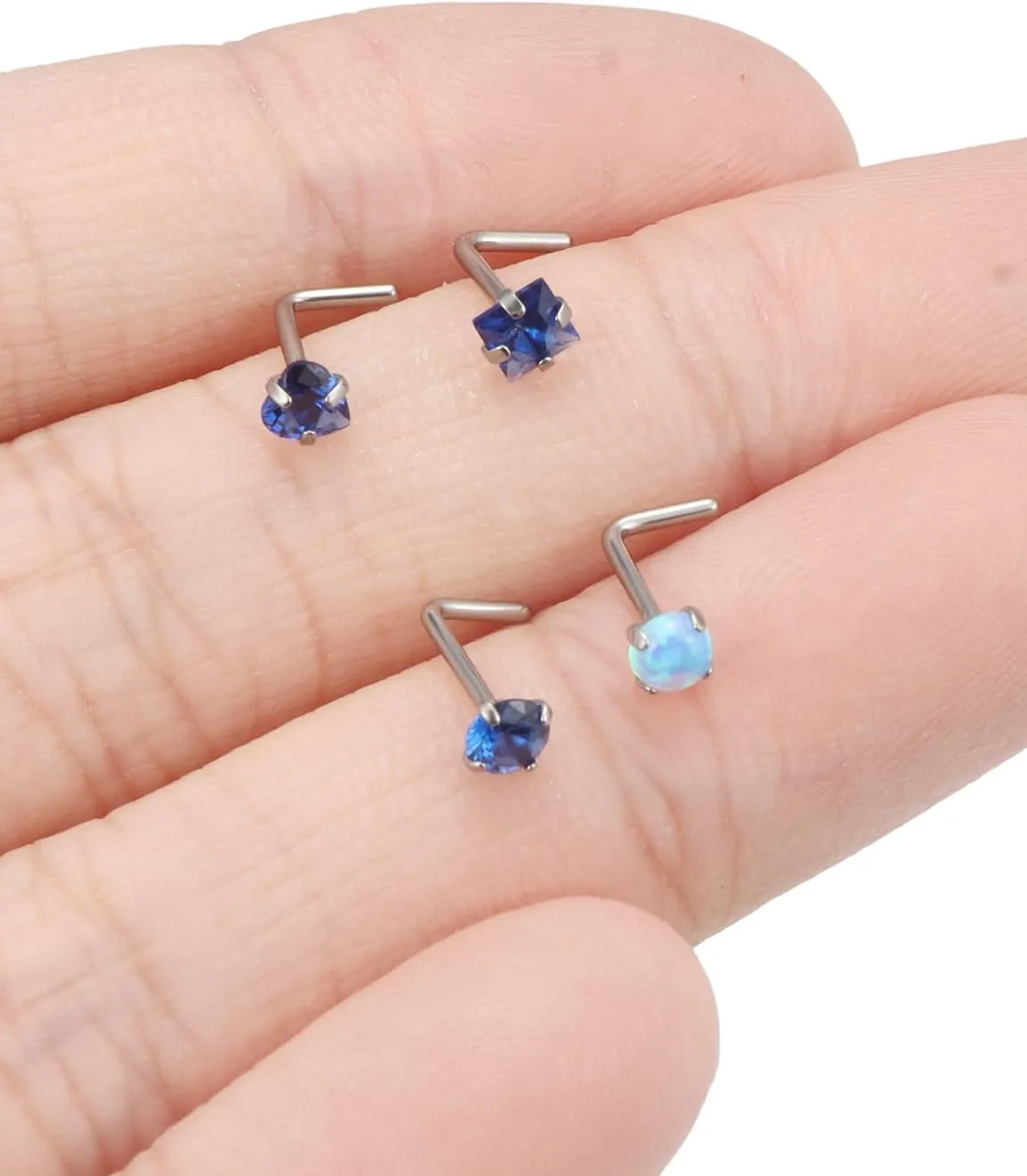 F136 Titanium 20/18g L Shaped Pink/Blue Diamond Nose Ring Studs Earrings Piercings Jewelry Surgical Steel for Women Men