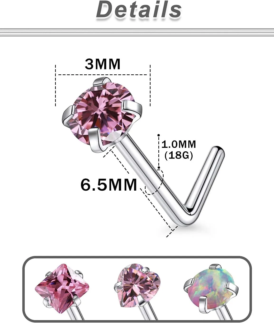 F136 Titanium 20/18g L Shaped Pink/Blue Diamond Nose Ring Studs Earrings Piercings Jewelry Surgical Steel for Women Men