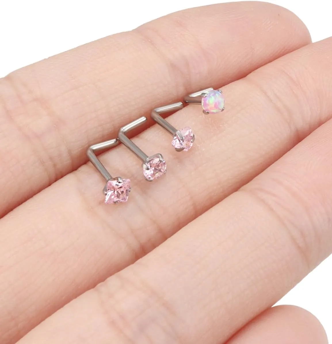 F136 Titanium 20/18g L Shaped Pink/Blue Diamond Nose Ring Studs Earrings Piercings Jewelry Surgical Steel for Women Men