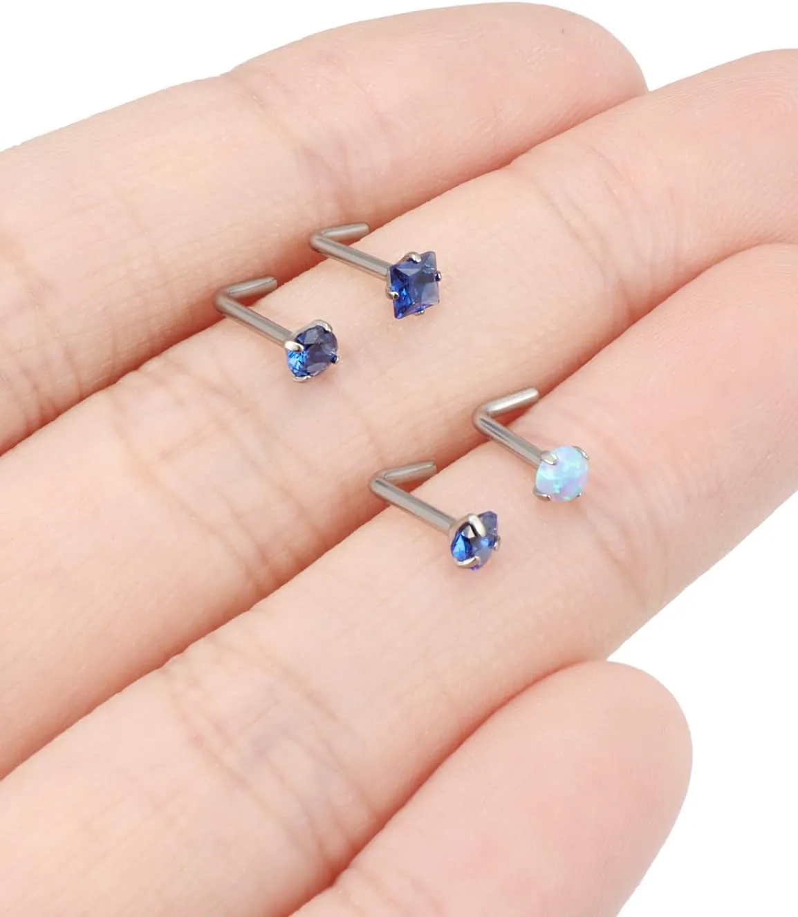 F136 Titanium 20/18g L Shaped Pink/Blue Diamond Nose Ring Studs Earrings Piercings Jewelry Surgical Steel for Women Men