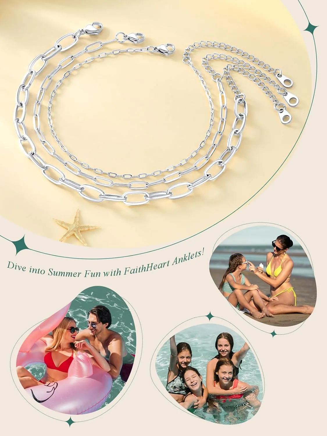 FaithHeart 1/2/3Pcs Ankle Bracelets for Women, Waterproof Layered Anklet Set Paperclip Figaro Cuban Link Chain Dainty Summer Beach Jewelry Gift for Women Adjustable Size