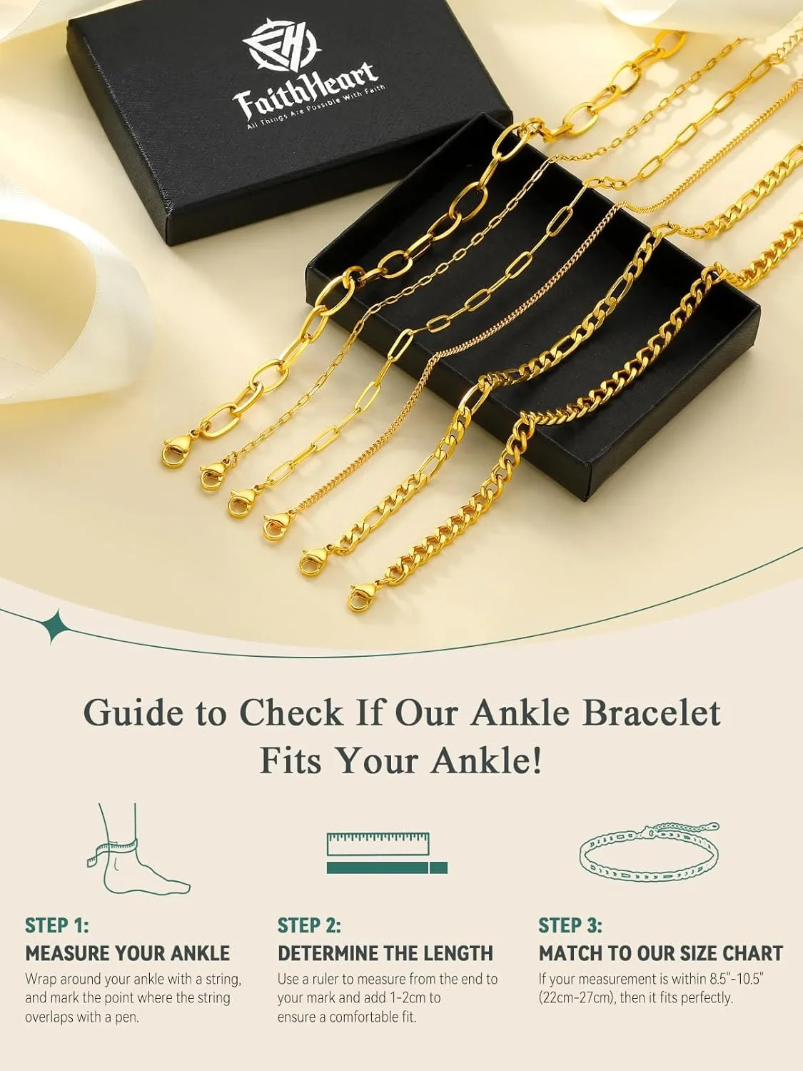 FaithHeart 1/2/3Pcs Ankle Bracelets for Women, Waterproof Layered Anklet Set Paperclip Figaro Cuban Link Chain Dainty Summer Beach Jewelry Gift for Women Adjustable Size